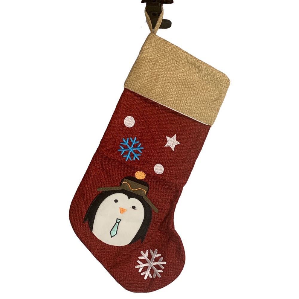 Penguin Christmas Stocking Unbranded Burgundy Gold Snowflakes 18 Inches New